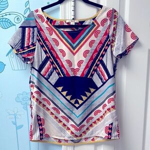 C&E Colorful Geometric Patterned Short Sleeve Open Back Blouse Womens Top Size M